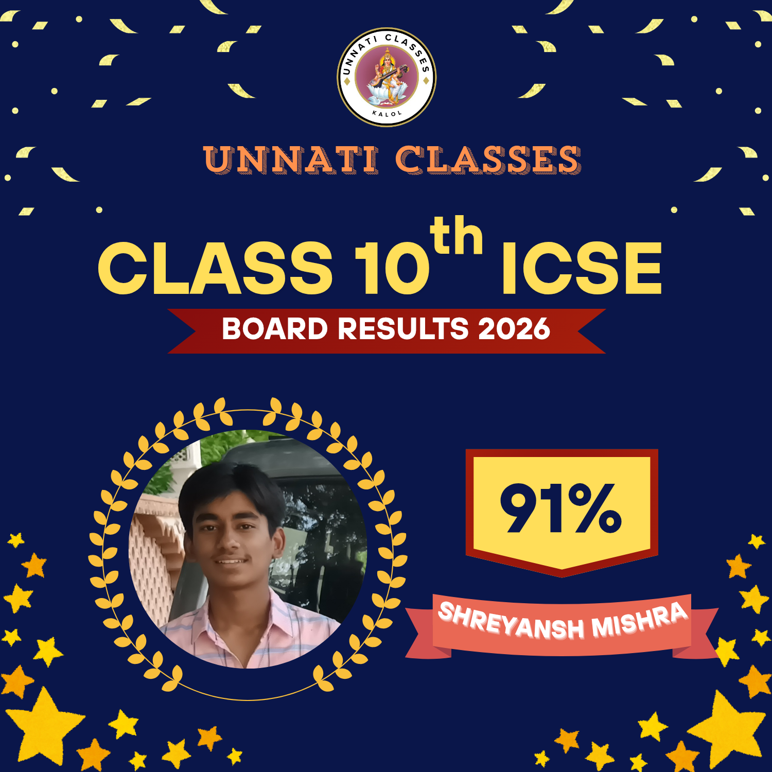 Shreyansh Mishra — Class 10th ICSE — 91%